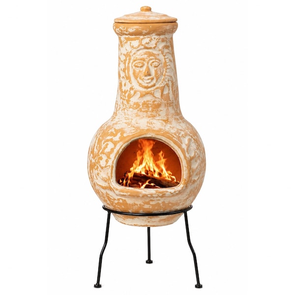Vintiquewise Outdoor Clay Chiminea Fireplace Sun Design Wood Burning Fire Pit with Metal Stand, Terra Cotta QI004631.TC - main