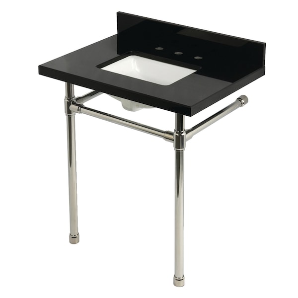 Kingston Brass 30-Inch Black Granite Console Sink with Stainless Steel Legs, 8-Inch, 3-Hole KVPK30K8SQ6ST - main