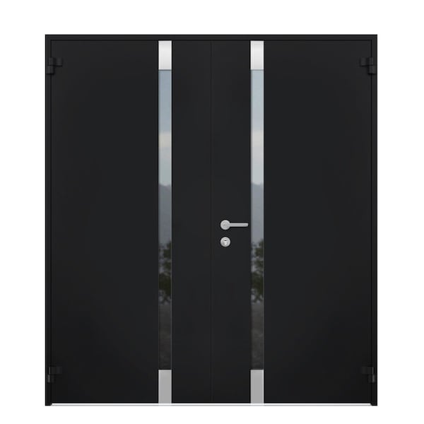 Vdomdoors Steel Double Doors Cynex 6777 Black Stainless Inserts Single Modern Painted-W72xH80-Right-hand Outs CYNEX6777DEXD-BLK-RH-O-W72 x H80 - main