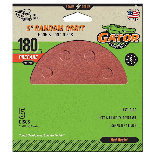 Gator Finishing Red Resin 5 in. Random Orbit Hook and Loop Sanding Discs, 180 Grit, Extra Fine, 5PK 3722 - main