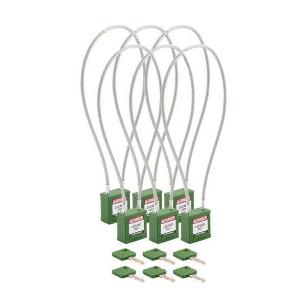 Brady Velocity 16in Compact Cable Lockout Padlocks Nylon 8in Shackle Clearance KA GN 6PK CPPL-GRN-400CB-KA6 - main