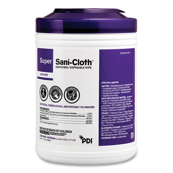 Sani Professional Super Sani-Cloth Germicidal Disposable Wipes, 1-Ply, 7.5in x 15in, Unscented, White, 75 Wipes P86984 - main