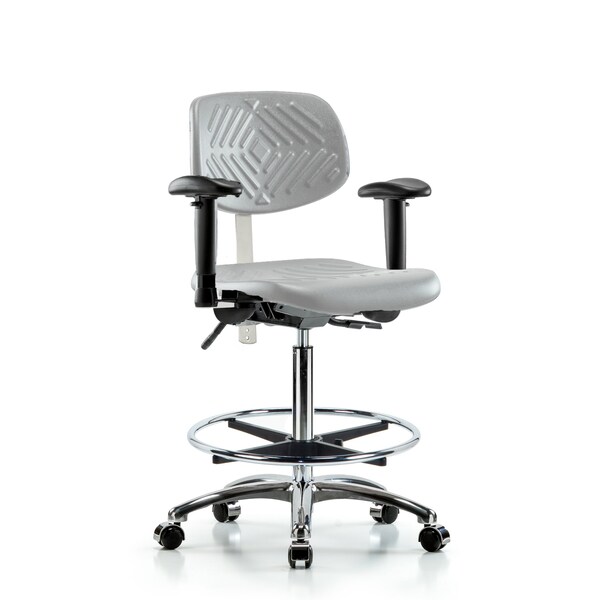 Blue Ridge Ergonomics CL100CleanRoom Chair-High Bench Ht with Seat Tilt, Adj Arms, Chrome Foot Ring, &Casters in Gray Poly NCR-PHBCH-CR-T1-A1-CF-CC-GRY - main