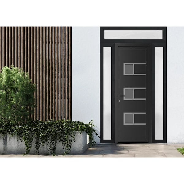 Vdomdoors Front Exterior Prehung Metal-Plastic Door, Manux 8933 Matte Black, 2 Side and Top Sidelite Transom, MANUX8933EXD-BLK-W12+36+12xH80+14-RH - main