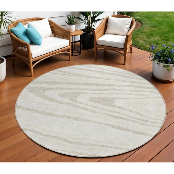 Homeroots 8' Ivory Beige And Taupe Round Faux Bois Washable Indoor Outdoor Area Rug 614487 - main