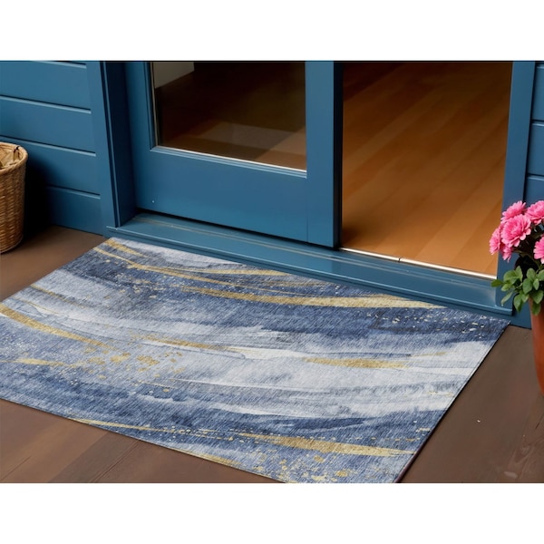Homeroots 3' X 5' Blue Gold And Ivory Abstract Washable Indoor Outdoor Area Rug 617425 - main