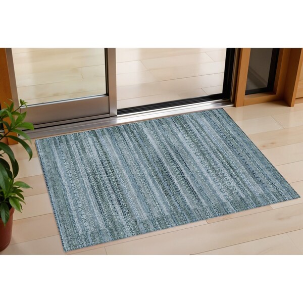 Homeroots 3' X 5' Artichoke Green And Blue Striped Washable Indoor Outdoor Area Rug 631467 - main