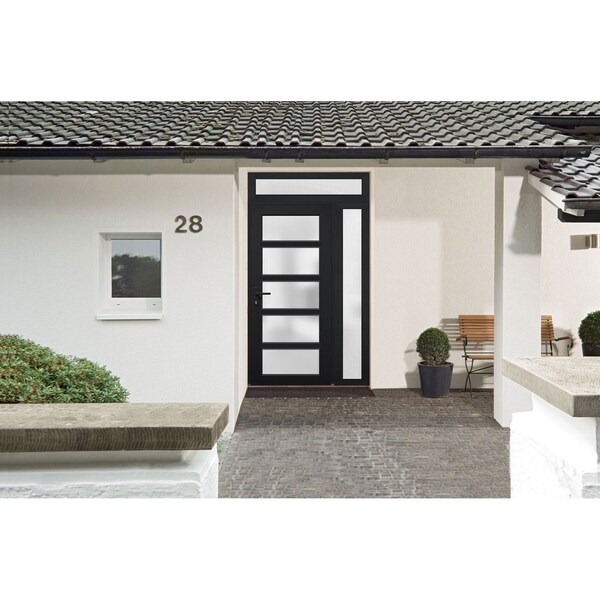 Vdomdoors Front Exterior Prehung FiberGlass Door Frosted Glass / Manux 8002 Matte Black / Sidelight and Trans MANUX8002EXD-BLK-W30+12 x H80+14-RH - main