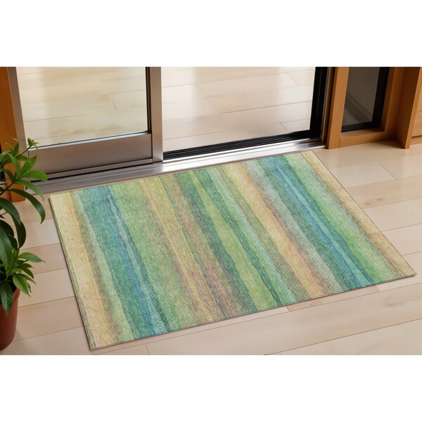 Homeroots 3' X 5' Artichoke Green Peach And Teal Blue Striped Washable Indoor Outdoor Area Rug 631191 - main