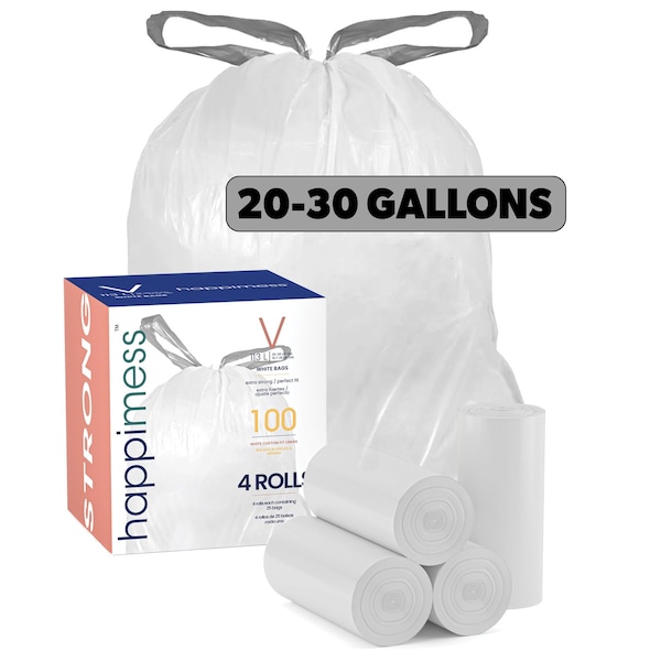Happimess 30-Gallon (114L) Drawstring Unscented Trash Can Liner, White (100-Count, 4-Rolls of 25) HPM3000V-WHITE - main
