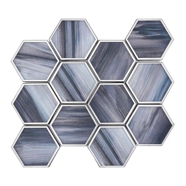 Apollo Tile 9x10 in. Matte Silver Midnight Blue Glass Mosaic Hexagon Wall and Floor Tile 3.28 sq ft/case, 5PK APLSTR8806A - main