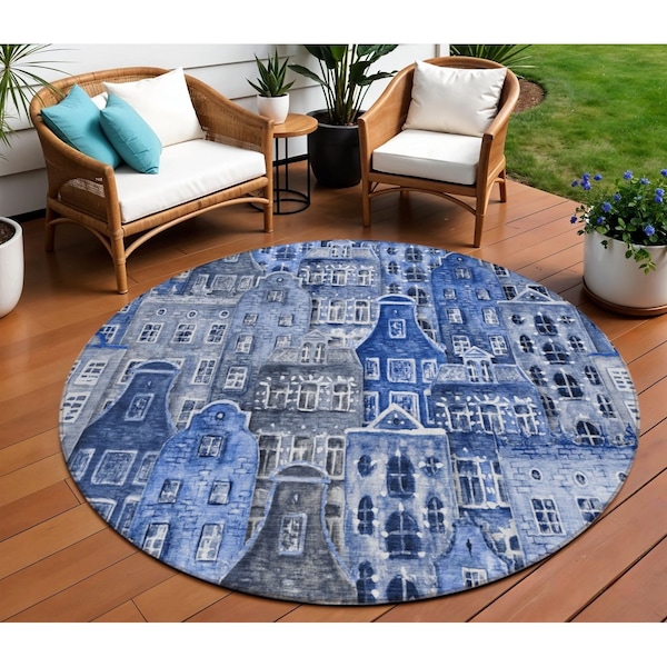 Homeroots 8' Navy Blue And Sky Blue Round Village Houses Washable Indoor Outdoor Area Rug 577849 - main