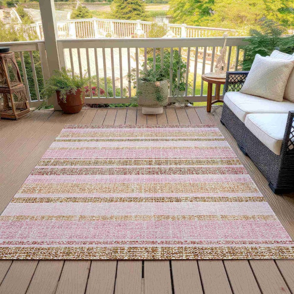 Homeroots 9' X 12' Pink And Beige Striped Washable Indoor Outdoor Area Rug 632237 - main
