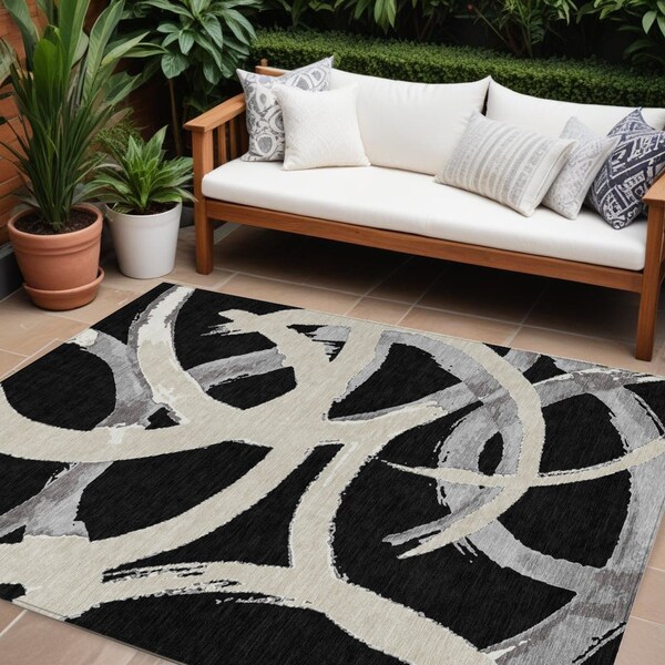 Homeroots 10' X 14' Black Ivory And Gray Abstract Washable Indoor Outdoor Area Rug 599111 - main