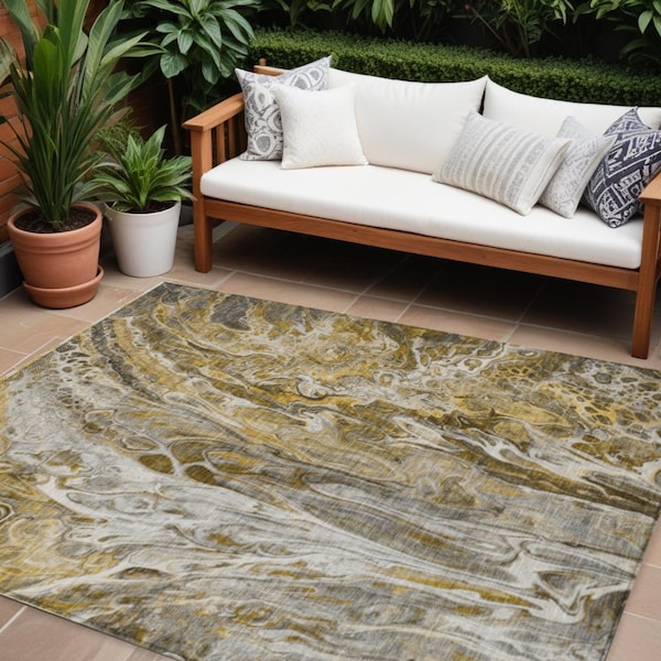 Homeroots 9' X 12' Brown Taupe And Gold Abstract Washable Indoor Outdoor Area Rug 577936 - main