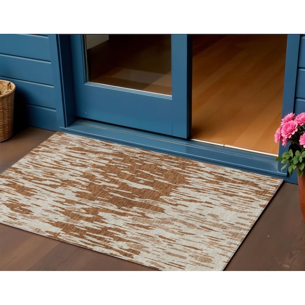 Homeroots 3' X 5' Orange And Ivory Abstract Washable Indoor Outdoor Area Rug 612689 - main