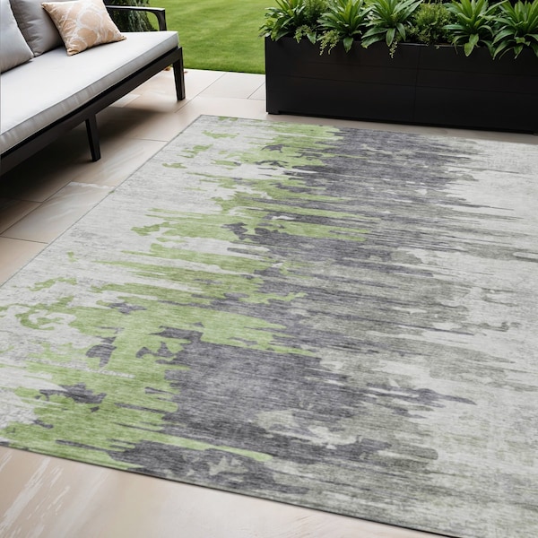 Homeroots 5' X 8' Green And Silver Abstract Washable Indoor Outdoor Area Rug 582387 - main