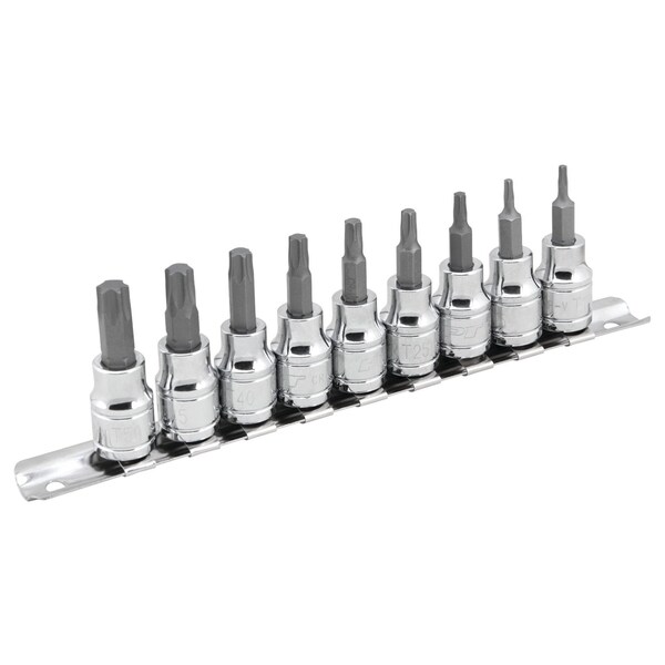 Performance Tool 9 pc. Star Bit Socket Set, Hardened Alloy Steel Bits, Storage Rail W1178 - main