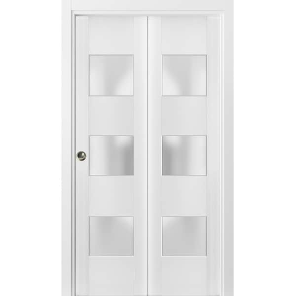 Sartodoors Sliding Closet Bi-fold Doors, Lucia 4070 White Silk with Frosted Glass, Sturdy Tracks Moldings Trim LUCIA4070BF-WS-36 x 96 (2* 18x96) - main