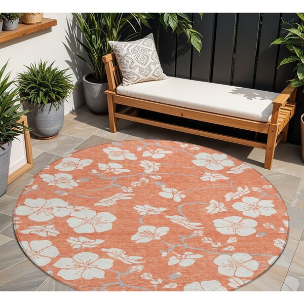Homeroots 8' Coral Ivory And Gray Round Floral Washable Indoor Outdoor Area Rug 599876 - main