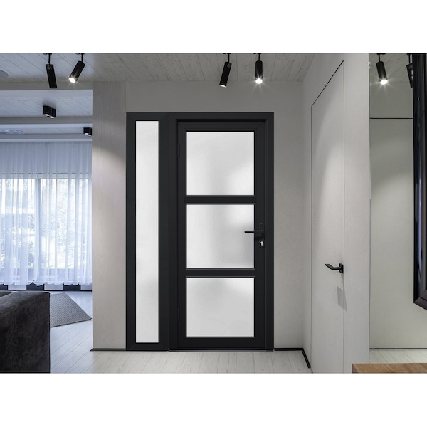 Vdomdoors Front Exterior Prehung FiberGlass Door Frosted Glass / Manux 8552 Matte Black / Sidelight Exterior MANUX8552EXD-BLK-W36+14 x H80-RH - main