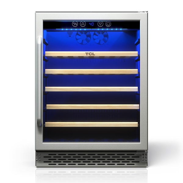 Tcl 5.3 Cu. Ft. 52-Bottle Wine Cooler, Low Noise, Digital Controls, LED Light, Glass Door, Stainless TRW52B7AS - main