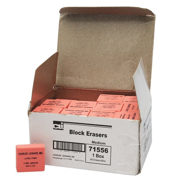 Charles Leonard Eraser, Synthetic, Latex Free, Block Shape, Medium, Pink, Box of 60, 60PK 71556 - main