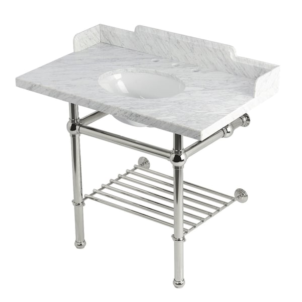 Kingston Brass 36-Inch Carrara Marble Console Sink with Brass Legs and Shelf, 8-Inch, 3-Hole LMS3630MBB6 - main