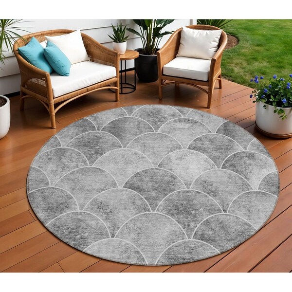 Homeroots 8' Gray Charcoal And Ivory Round Abstract Washable Indoor Outdoor Area Rug 577669 - main