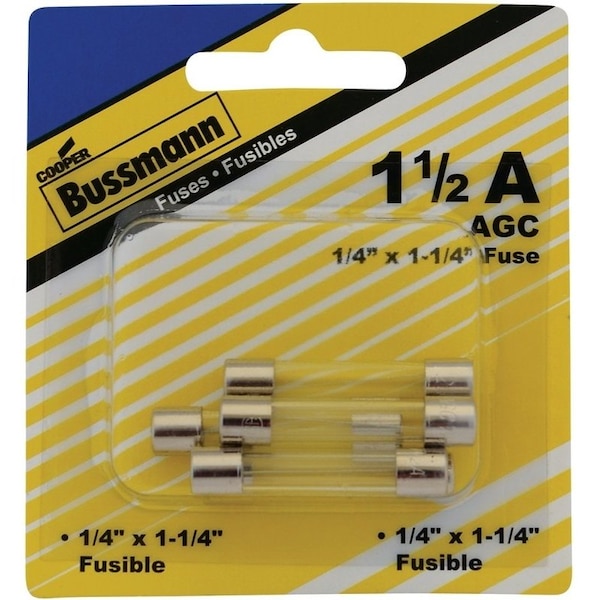 Eaton Bussmann Glass Fuse, AGC Series, Fast-Acting, 1.5A, 250V AC, 100A at 250V AC, 10kA at 125V AC BP/AGC-1-1/2-RP - main