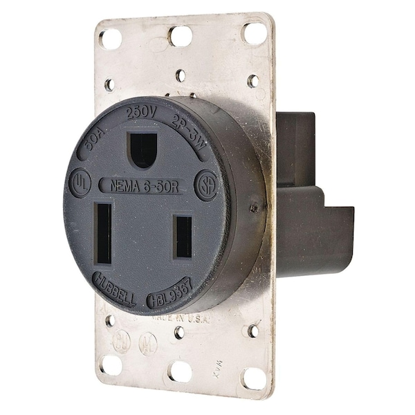 Hubbell Wiring Industrial 2-Pole 3-Wire 50A 250V 6-50R Receptacle, Black, Single Pack HBL9367 - main