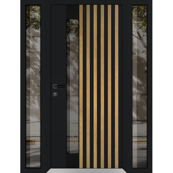 Vdomdoors Aluminum Door Cynex 6113 Natural Oak Entry Steel Metal Modern Painted W14+36+14xH80 Left Inswing CYNEX6113EXD-OAK-W14+36+14xH80-LH-I - main