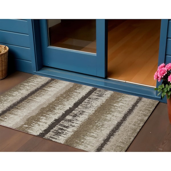 Homeroots 3' X 5' Brown Beige And Ivory Striped Washable Indoor Outdoor Area Rug 598322 - main