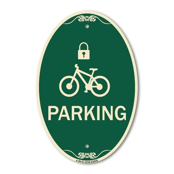Signmission Parking With Cycle and Lock Symbol, 12 Inch X 18 Inch Architectural Oval, Heavy Gauge Aluminum A-OV-G-1218-23476 - main