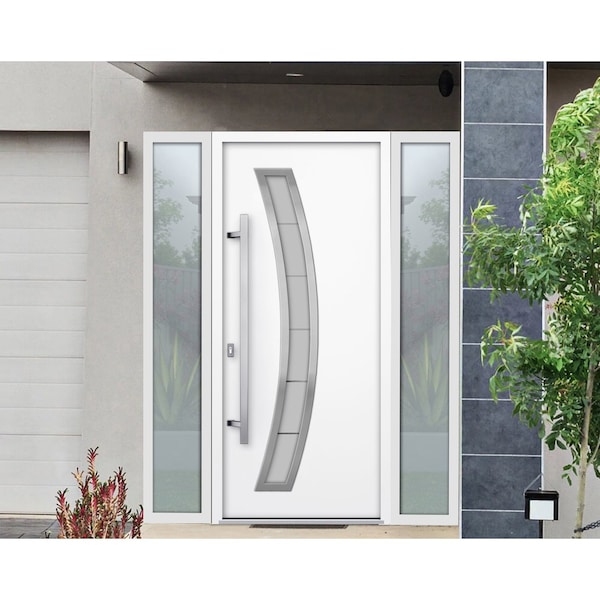 Vdomdoors Steel Door Deux 6500 White 2 Sidelight Exterior Windows Stainless Inserts Single Modern Painted-W14 DEUX6500EXD-WS-W14+36+14 x H80-Right-hand Inswing - main