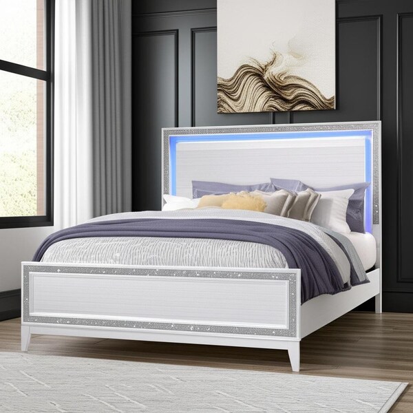 Homeroots Silver and White Faux Crystal Bling Wood Lighted Full Bed Frame 564726 - main