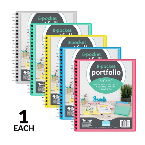 C-Line Products 8-1/2" x 11" Assorted 8-Pocket Spiral-Bound Poly Portfolio, 12EA/DS, 6DS/CT 33080-DS - main