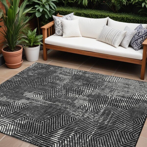 Homeroots 8' X 10' Black And Ivory Geometric Washable Indoor Outdoor Area Rug 594524 - main