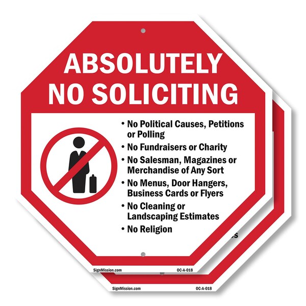 Signmission Absolutely No Soliciting No Politi, 10 inch X 10 inch, Aluminum Metal Signs, 2PK OC-A-2PACK-10-18 - main