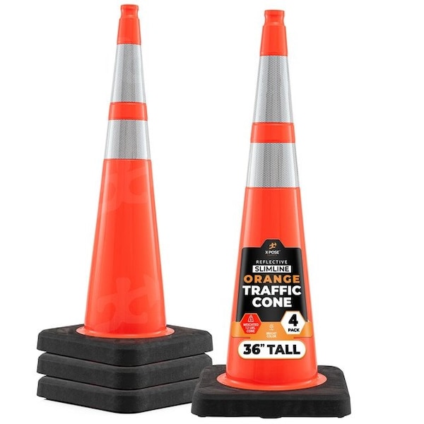 Xpose Safety 36 in Slim Line Orange Traffic Cone, Heavy Duty 12 lb Base, 6 in & 4 in Collar, DOT Approved, 4 PK OTC36SL-64-12L-4-X-S - main
