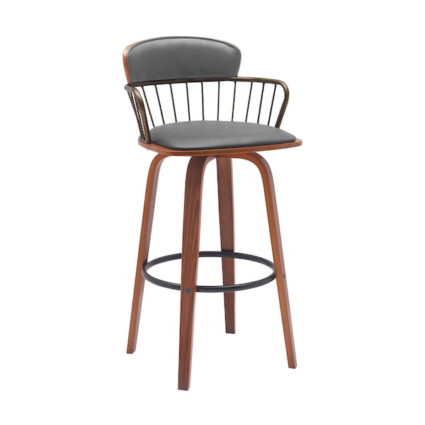 Armen Living Willow 30in Swivel Walnut Wood Bar Stool in Gray Faux Leather with Golden Bronze Metal LCWIBAWAGRY30 - main