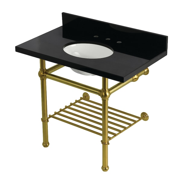 Kingston Brass 36-Inch Black Granite Console Sink with Brass Legs and Shelf, 8-Inch, 3-Hole KVPK3630KBB7 - main