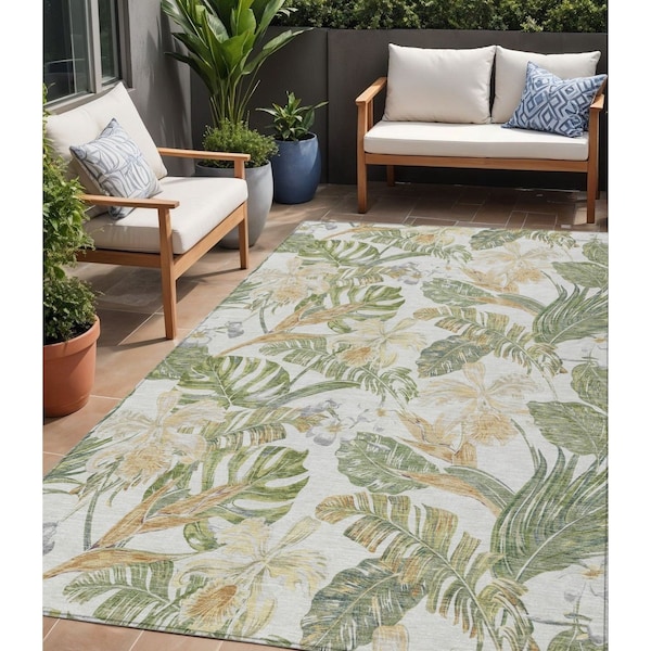 Homeroots 5' X 8' Ivory Wheat And Olive Green Botanical Leaves Washable Indoor Outdoor Area Rug 618407 - main