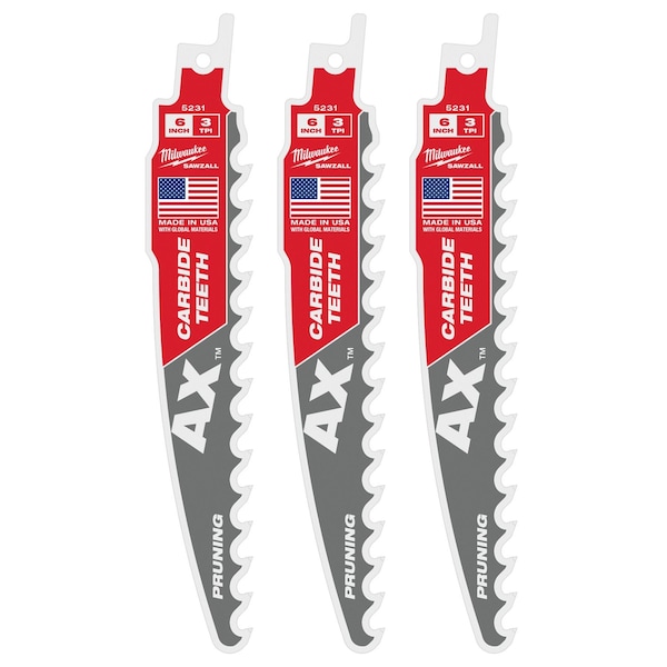 Milwaukee Tool 6 in. 3 TPI SAWZALL THE AX w/ CARBIDE TEETH Reciprocating Saw Blade for Pruning & Clean Wood (3 pk) 48-00-5331 - main