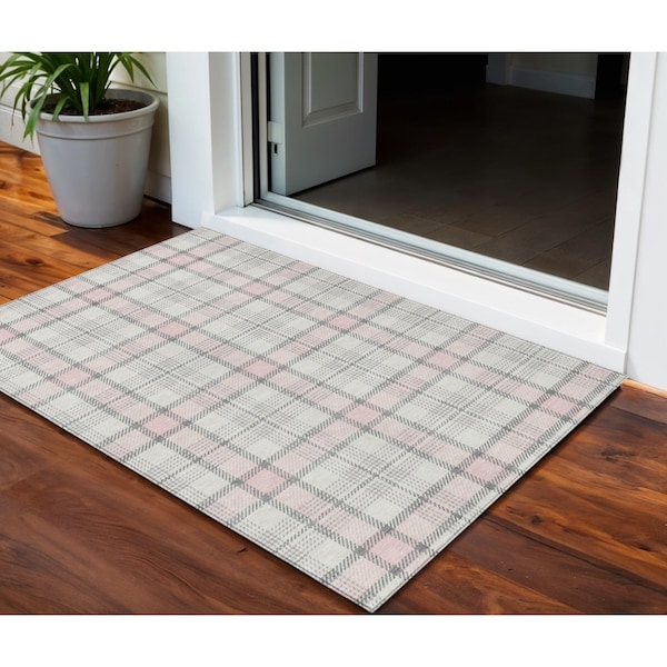 Homeroots 3' X 5' Pink And Gray Plaid Washable Indoor Outdoor Area Rug 601350 - main