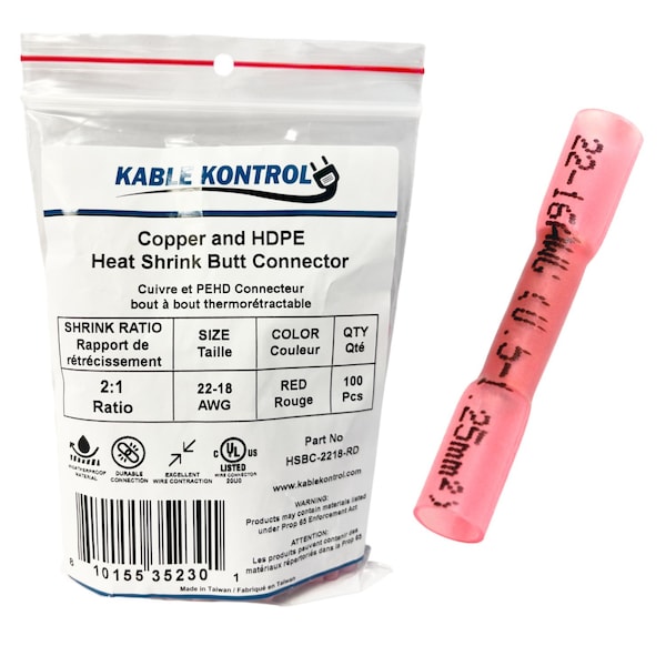 Kable Kontrol Butt Splice Wire Connector, 18 AWG Max, Red, 100 PK HSBC-2218-RD - main