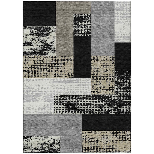 Homeroots 3' X 5' Black Taupe And Ivory Geometric Washable Indoor Outdoor Area Rug 612388 - main