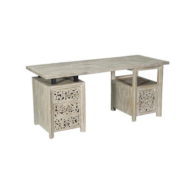 Homeroots 68" Gray Solid Wood Writing Desk With Three Drawers 569607 - main