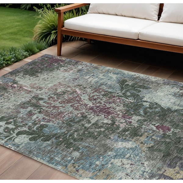 Homeroots 10' X 14' Fern Green And Purple Damask Washable Indoor Outdoor Area Rug 596386 - main