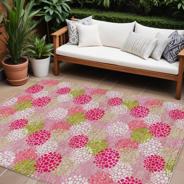 Homeroots 8' X 10' Pink Green And Ivory Polka Dot Washable Indoor Outdoor Area Rug 594277 - main